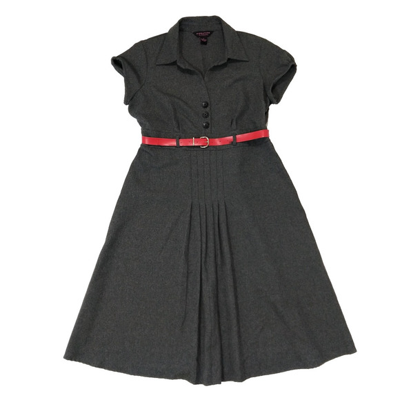 Vintage 90s Shirt Dress Size 14 Gray Retro Short Sleeve Belted Fit & Flare - Picture 1 of 7